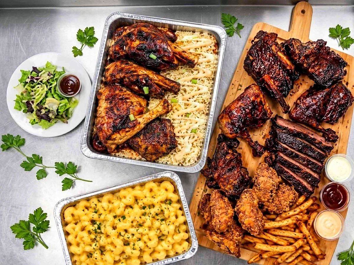 Catering-size halal BBQ spread with ribs, brisket, smoked chicken on rice, mac and cheese and salad