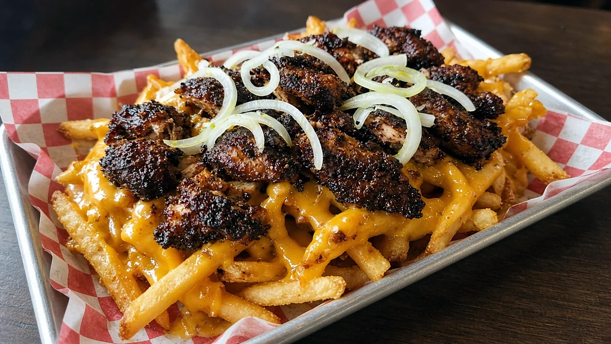 Jerk chicken cheese fries topped with melted cheese, jerk chicken pieces and onion rings